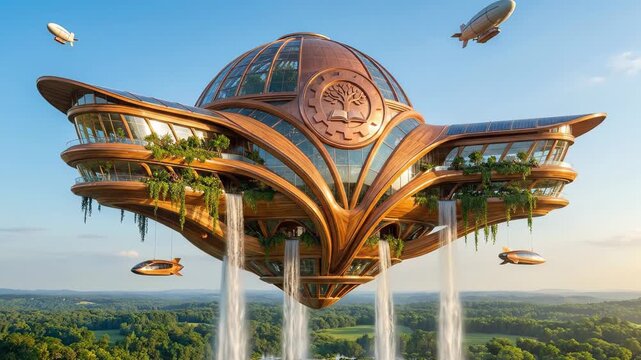 Futuristic flying steampunk city with glass domes and waterfalls soaring over a green forest landscape with airships