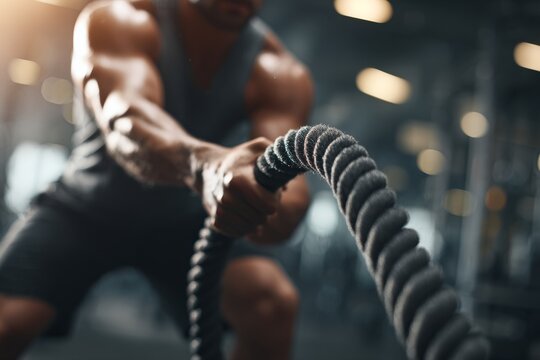 Close-up of Athlete Performing Battle Rope Exercise in Gym During High Intensity Training Session With Focus on Muscle Engagement