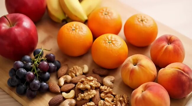 A colorful and appetizing assortment of fruit and nuts displayed on wooden board