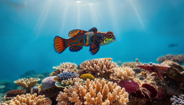 Colorful Mandarin Fish Swimming Above Coral Reef in Clear Blue Tropical Water