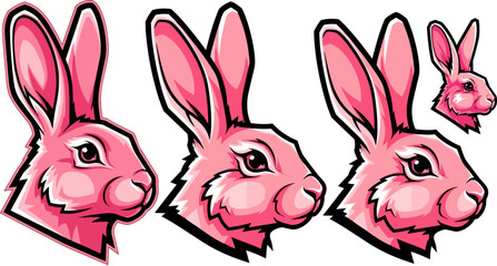 Fototapeta premium Pink rabbit heads, cartoon bunny faces, pink mammals, vector icons, set of 4