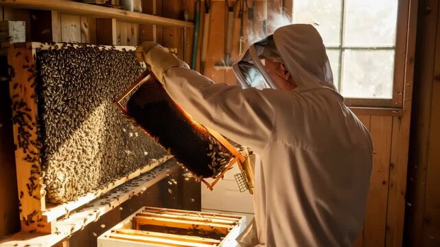 Beekeeper man using smoker to calm honey bees while inspecting a hive, showing pest management and colony health maintenance