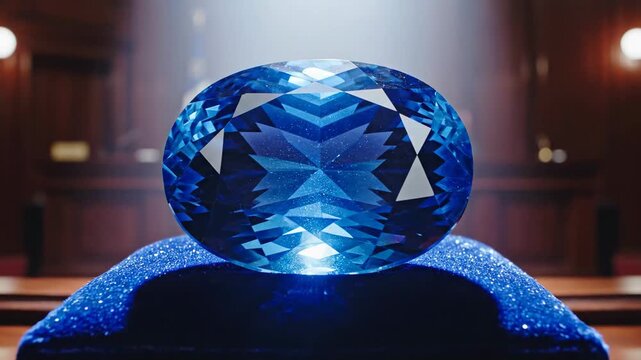 Large blue gemstone displayed on a velvet surface