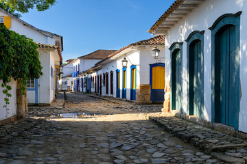 Cozy street of historical center in Paraty, Rio de Janeiro, Brazil. Paraty is a preserved Portuguese colonial and Brazilian Imperial municipality