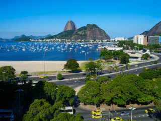 The mountain Sugarloaf and Botafogo in Rio de Janeiro, Brazil. Sugarloaf is one of the main landmark of Rio de Janeiro. Skyline of Rio de Janeiro