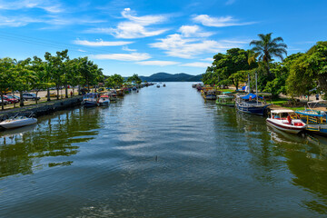 Canal in historical center of Paraty, Rio de Janeiro, Brazil. Paraty is a preserved Portuguese colonial and Brazilian Imperial municipality. Cityscape of Paraty