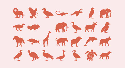 Wildlife animal silhouette icon collection featuring lion elephant giraffe dolphin and sea turtle. © Bilkis Islam