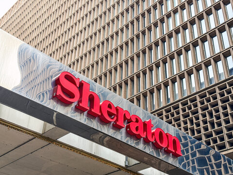 Denver, Colorado, USA - 2 June 2025: Exterior view of the Sheraton hotel in downtown Denver