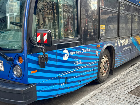 New York City, New York, USA - 11 January 2026: Close up of the sign on an electric powered bus operated by the MTA New York City Bus.