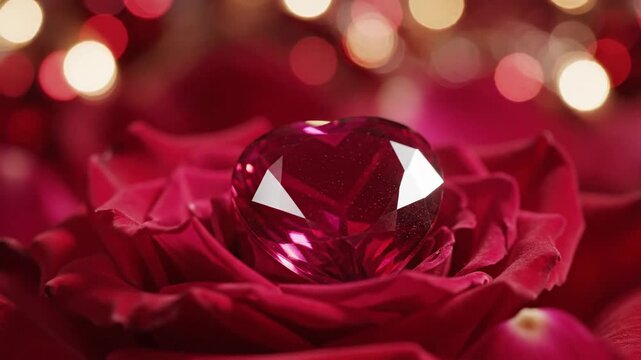Heart shaped ruby gemstone resting on a red rose flower