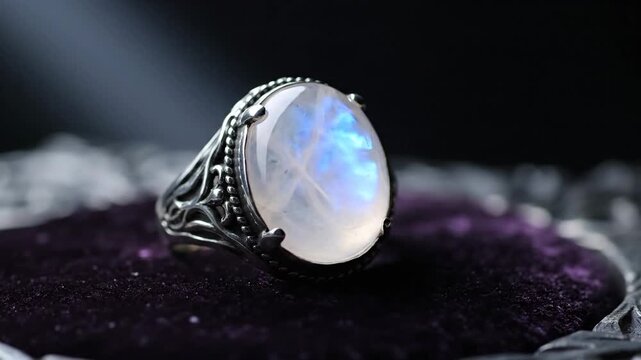 Moonstone ring with ornate silver details on velvet background