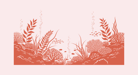 Detailed terracotta vector illustration of an underwater coral reef with seaweed, fish and bubbles. © Bilkis Islam