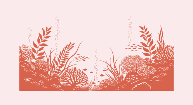 Detailed terracotta vector illustration of an underwater coral reef with seaweed, fish and bubbles.