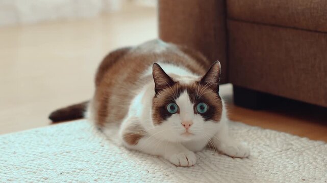 A cat with blue eyes lies on a textured rug in a cozy living room. The cat is relaxed and calm, with its front paws stretched out and its body positioned near a couch.