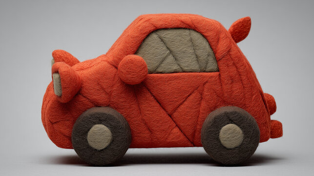 A whimsical felted car design featuring vibrant orange and earthy tones, with round wheels and charming details that evoke a playful aesthetic.