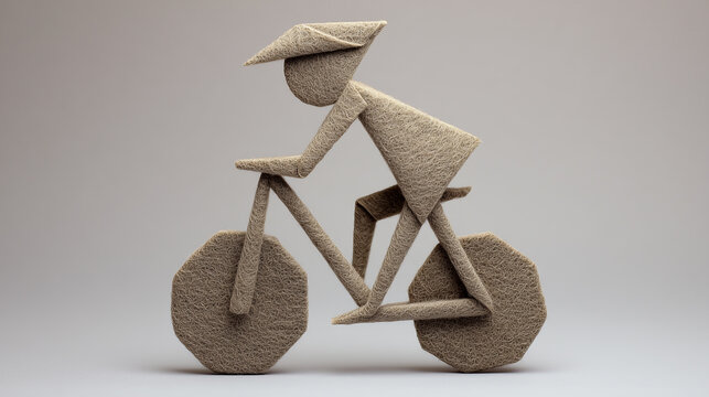 A whimsical figure crafted from textured material, riding a bicycle, characterized by geometric shapes and minimalistic design.