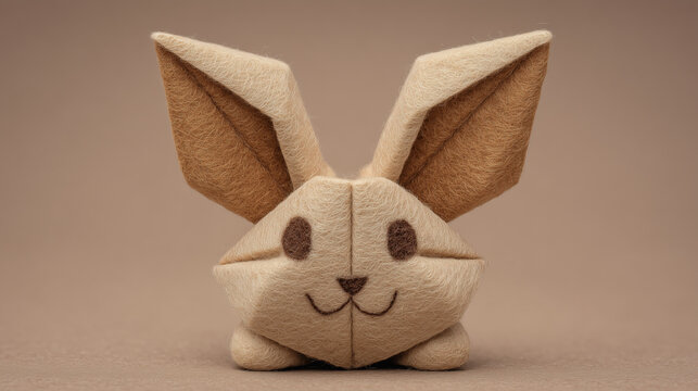 A charming, plush bunny figure made of soft felt in beige and brown tones, featuring large, expressive ears and a friendly smile.