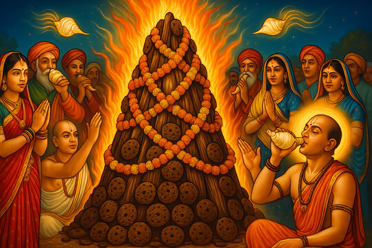 Devotees performing a sacred fire ritual around a large pyre during the Holika Dahan festival