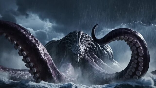 Kraken rising from the stormy sea with powerful tentacles