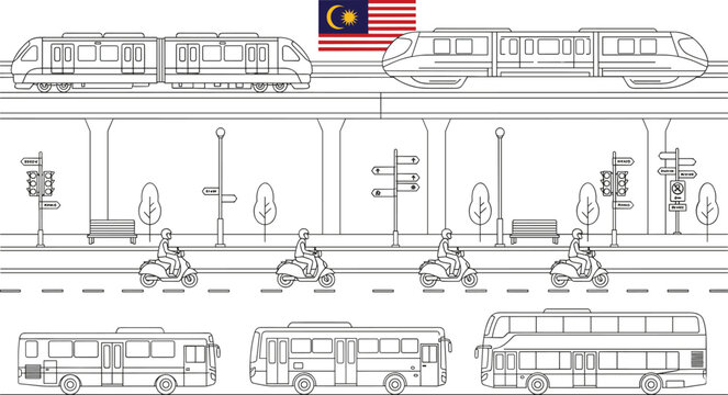Vector illustration of Malaysian urban transportation with trains, buses, motorcycles, traffic lights, and city infrastructure