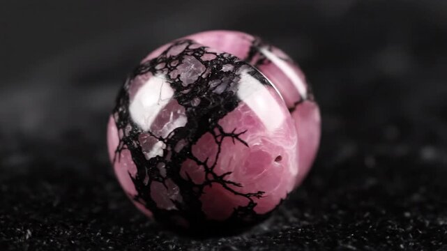 Close up of a polished pink rhodonite gemstone crystal