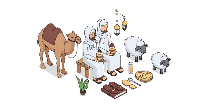 Isometric pixel art of two men in traditional attire with a camel, sheep, and lanterns, symbolizing desert life and cultural heritage