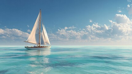 Fototapeta premium Classic white sailboat with tall sails gliding across calm turquoise open ocean under blue sky with fluffy clouds painted in oil style. AI generated image