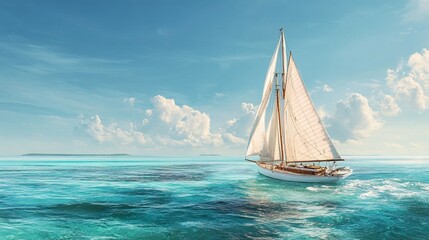 Fototapeta premium Classic white sailboat with tall sails gliding across calm turquoise open ocean under blue sky with fluffy clouds painted in oil style. AI generated image