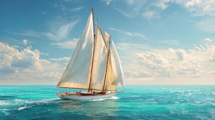 Fototapeta premium Classic white sailboat with tall sails gliding across calm turquoise open ocean under blue sky with fluffy clouds painted in oil style. AI generated image