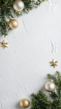 A festive arrangement of evergreen branches adorned with golden ornaments and stars, creating a cheerful seasonal atmosphere.