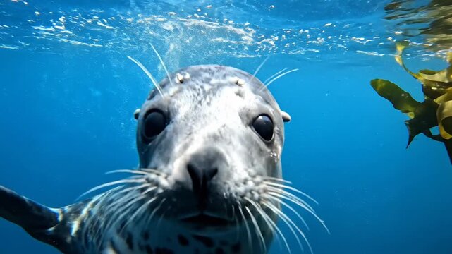 Curious seal swimming towards camera in clear ocean water