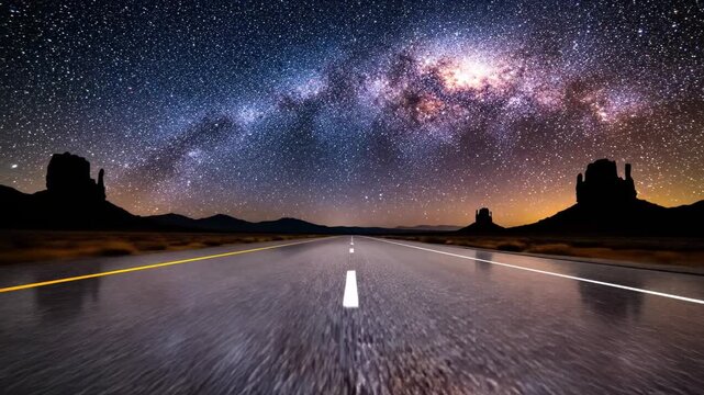 Scenic point of view driving on an endless highway through the monument valley desert at night, with the majestic milky way galaxy and countless stars shining brightly in the dark sky