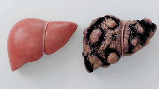 Medical animation showing the progression from a healthy liver to a diseased state, depicting cirrhosis and cancerous tumors developing over time, illustrating the effects of illness on the organ