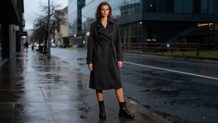 Obraz premium Woman wearing trench coat standing on rainy city street