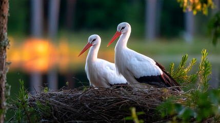 Obraz premium Two elegant storks nesting peacefully in their natural habitat at sunset, creating a serene and beautiful wildlife moment for conservation projects