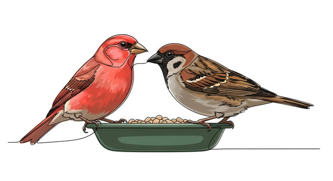 Two small birds, a red finch and a brown sparrow, perched on a green bird feeder eating seeds, detailed illustration