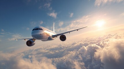 Fototapeta premium Commercial passenger airplane flying above white clouds in bright blue sky with sunburst rays during daytime travel. AI generated image