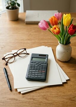 Vertical photoreal scene of seamless studio desktop with calculator and tulips