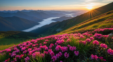 Obraz premium Beautiful mountain landscape with pink rhododendron flowers at sunrise