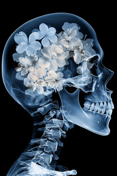 A striking visual of a skull intertwined with delicate flowers, symbolizing the connection between life and death. This captivating image captures the essence of nature's beauty within the human form.