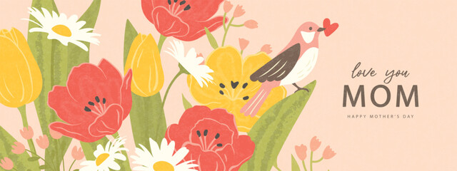 Beautiful horizontal banner for Mother's Day featuring bright tulips, white daisies and a cute bird with a heart, artistic flat style with grainy texture for seasonal spring greeting, vector © Liliya