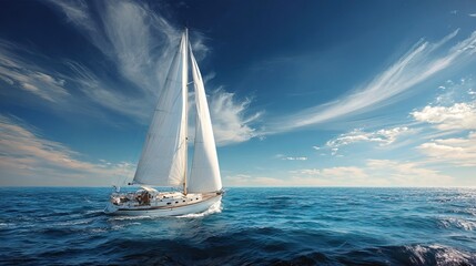 Obraz premium Elegant white sailboat with tall sail gliding across deep blue open ocean under bright sky with wispy clouds. AI generated image