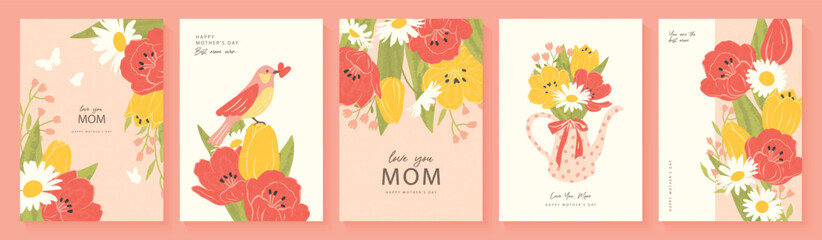 Set of vertical greeting card designs for Mother's Day in artistic grainy style featuring spring bouquets, a floral watering can and a sweet bird, elegant collection for holiday messages, vector © Liliya