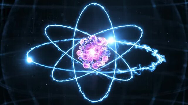 Atom model displays a central nucleus with electrons orbiting on elliptical paths. Luminous blue and pink energy effects create a high-tech, stylized visualization.