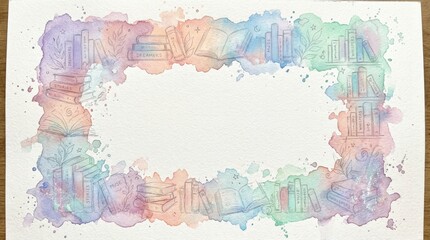 Obraz premium Watercolor pastel border with dreamy splashes and faint outlines of books