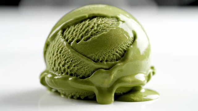 This shows a scoop of matcha green tea ice cream melting on a white surface, highlighting its creamy texture and vibrant green color, perfect for a refreshing summer dessert.