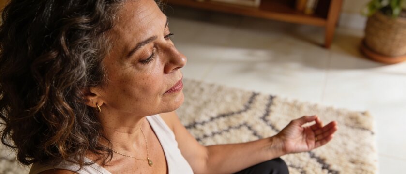 Vista superior de uma mulher brasileira madura e tranquila meditando em casa &agrave; luz do sol, conceito de envelhecimento saud&aacute;vel e bem-estar