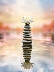 Fototapeta premium Stacked zen stones with white lotus flower reflected in water
