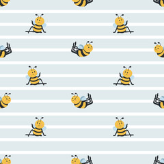 Fototapeta premium Cute yoga bees seamless pattern with stripes. Funny cartoon bee background vector