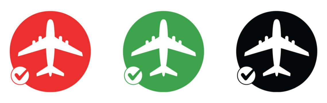 Airplane, vector approval icon collection with checkmark and verified badge symbols, representing travel confirmation, flight status approval, and booking validation, clean modern flat design